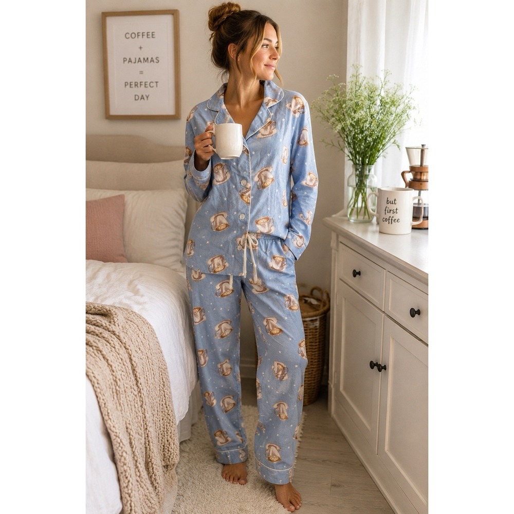 PJ Salvage Women Flannel Pajama Set S Cappuccino Coffee Sky Blue Cotton 2 Piece
